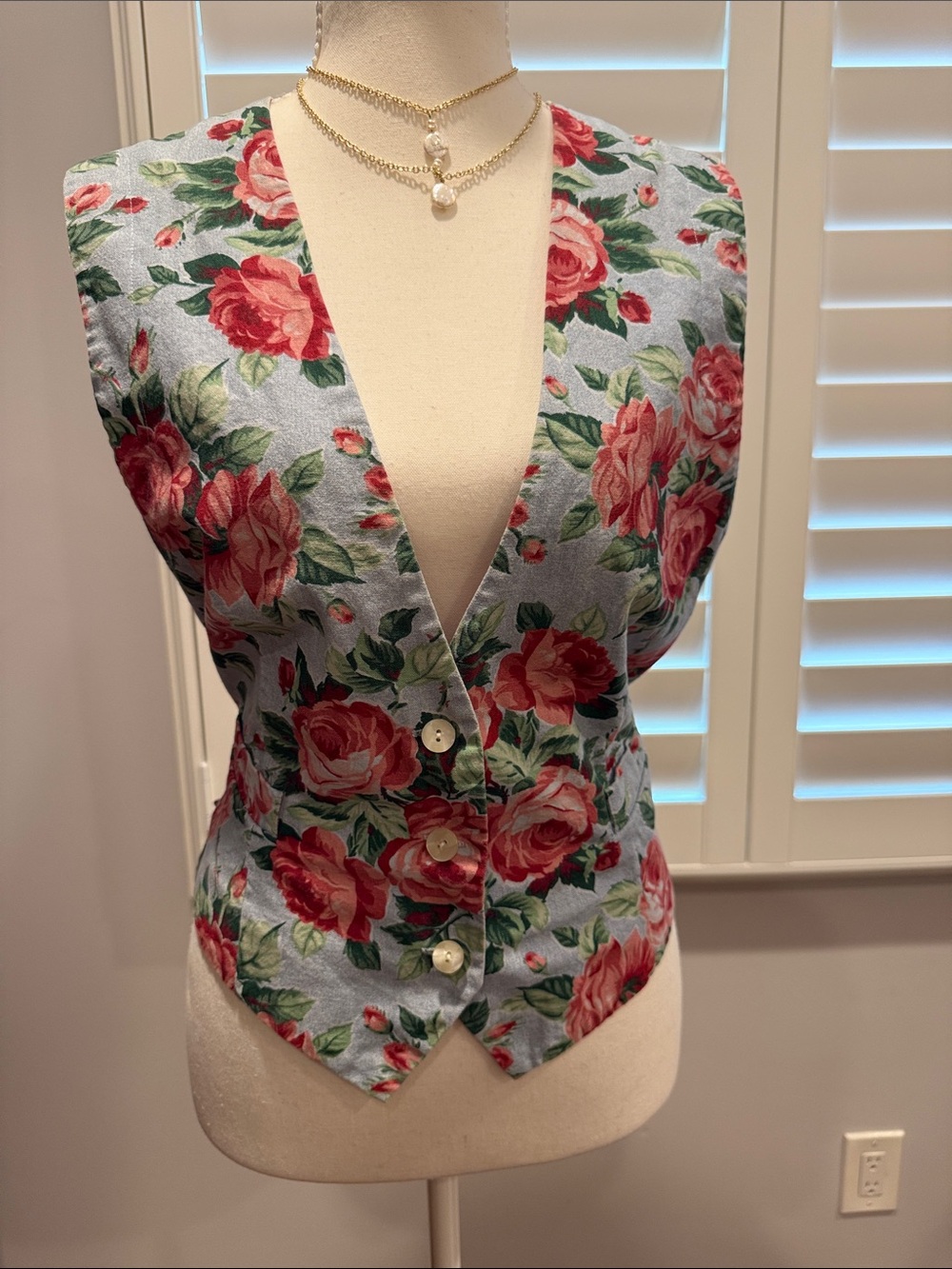 Charter Club Floral Button-Front Vest in Light Blue with Red Roses